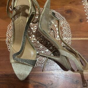Jessica Simpson Gold Heels with Rhinestone Embellishments